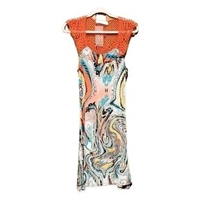 Second Skin Abstract Orange Crochet Silky Boho Dress Small NWT
